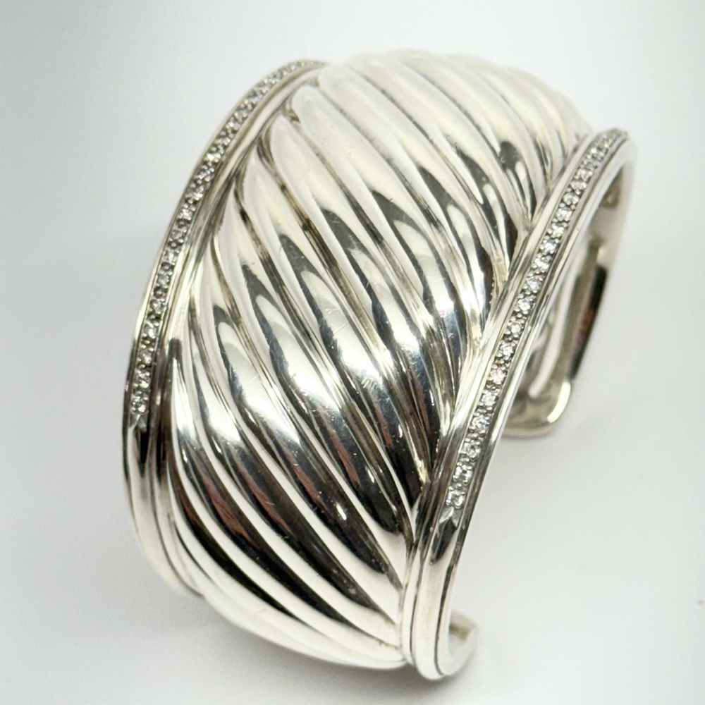 David Yurman Thoroughbred Wide Diamond Cable Cuff Bracelet .925 - Picture 5 of 14